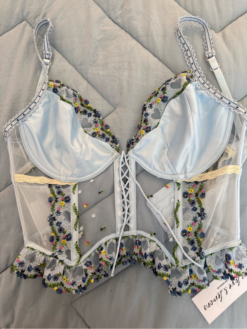 For Love & Lemons Baby Blue Floral Embroidered Longline Bustier